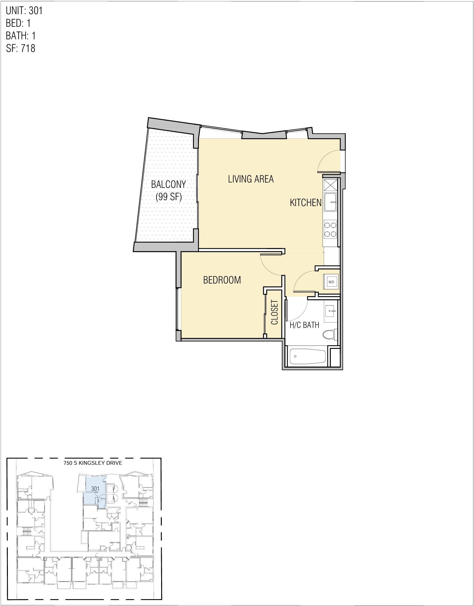 Floor plan of a unit with bedroom, kitchen, living area, balcony, and closets.