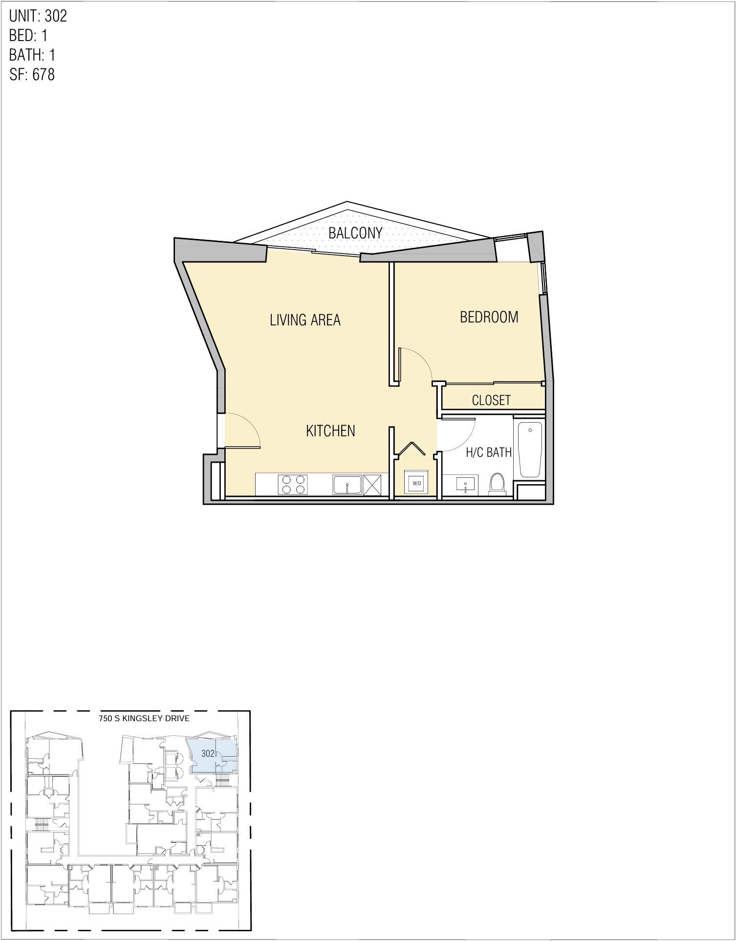 Floor plan of a small apartment unit with a living area, kitchen, bedroom, and bathroom.