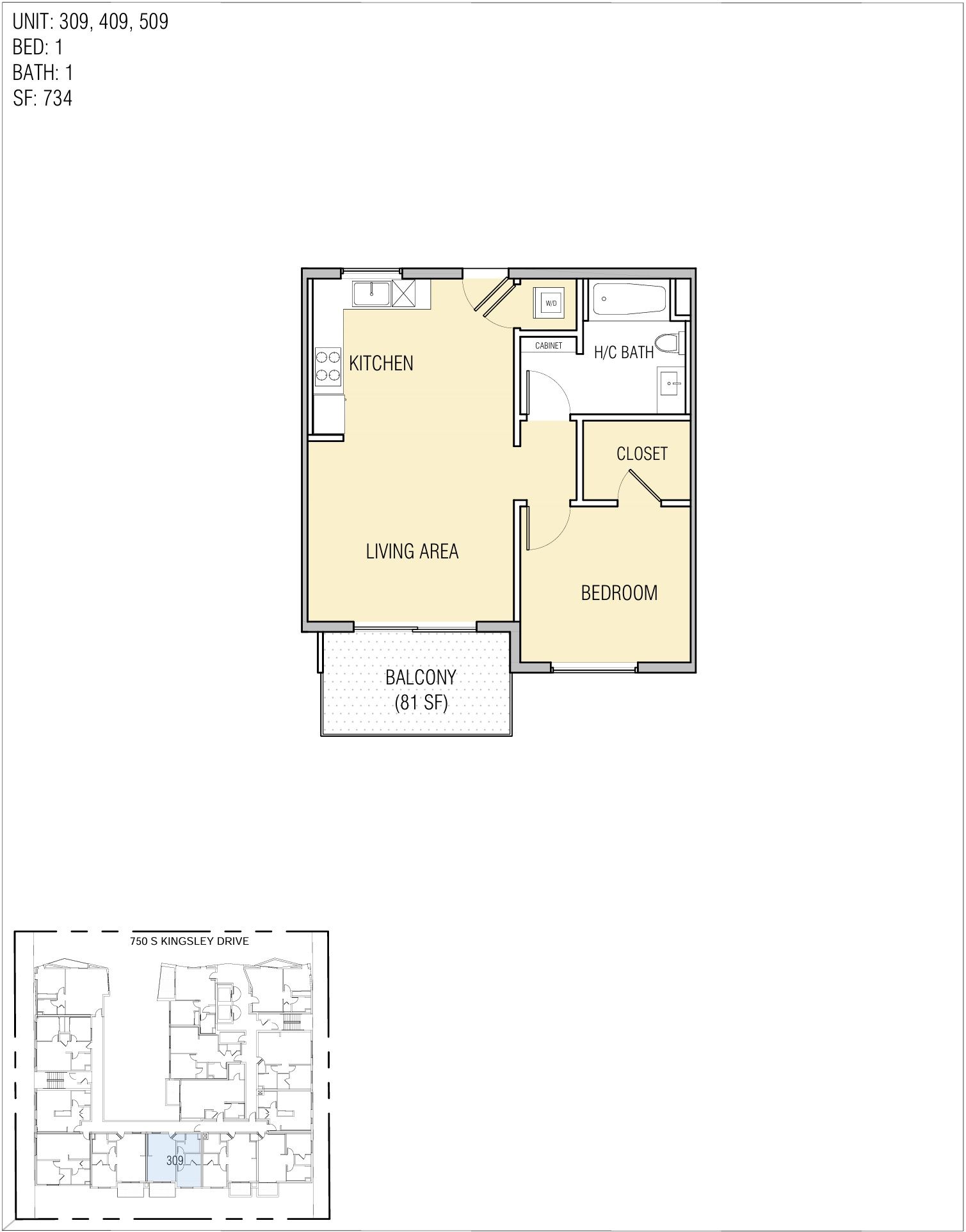 Floor plan of a one-bedroom apartment with a kitchen, living room, bedroom, bathroom, and balcony.