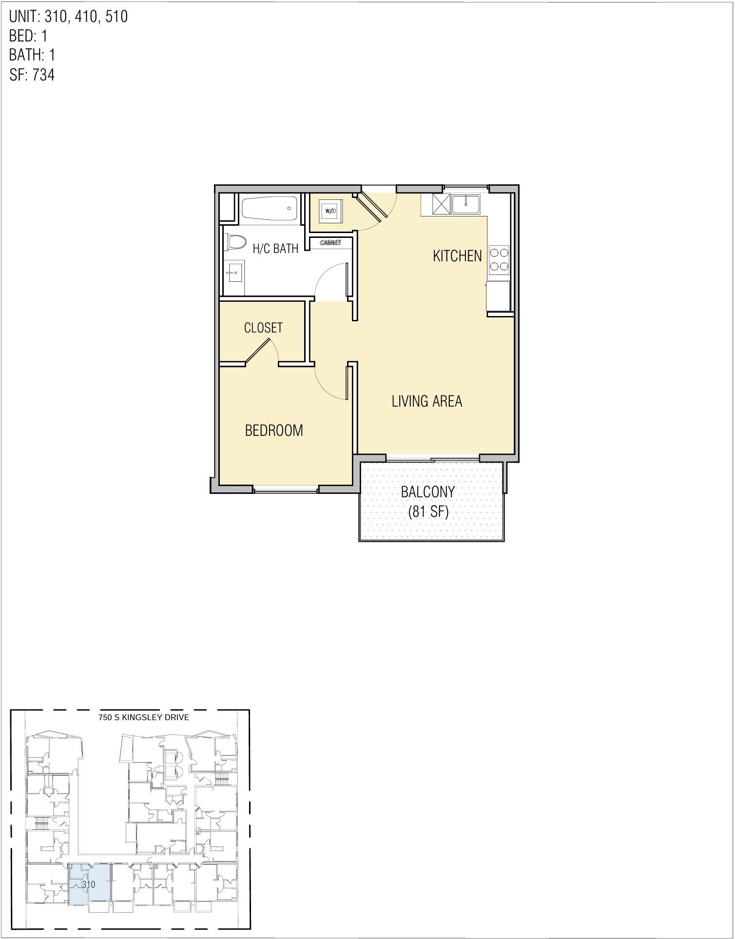 Floor plan of a small apartment layout with a bedroom, living area, kitchen, and balcony.