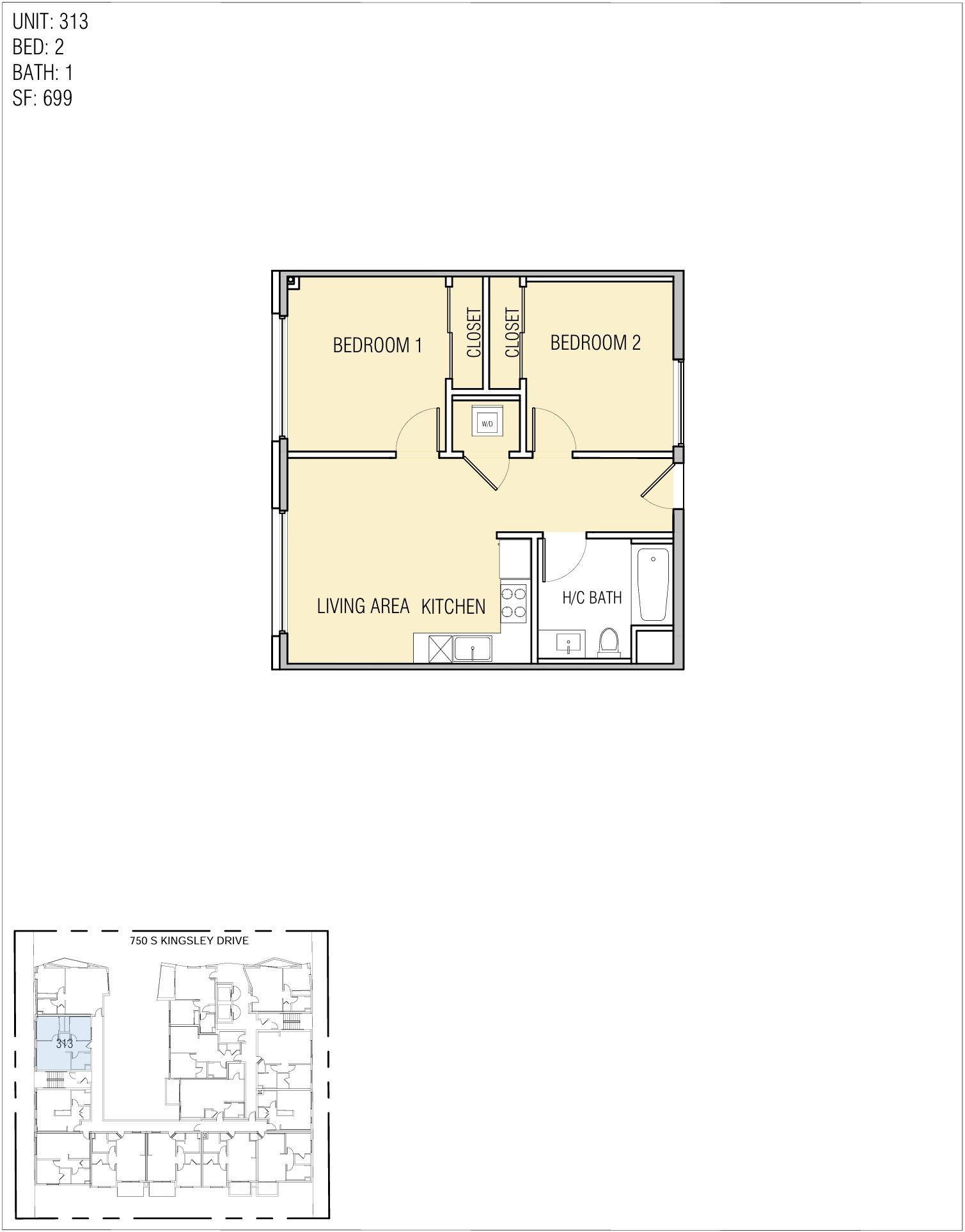 Floor plan with two bedrooms, bathroom, and living area.
