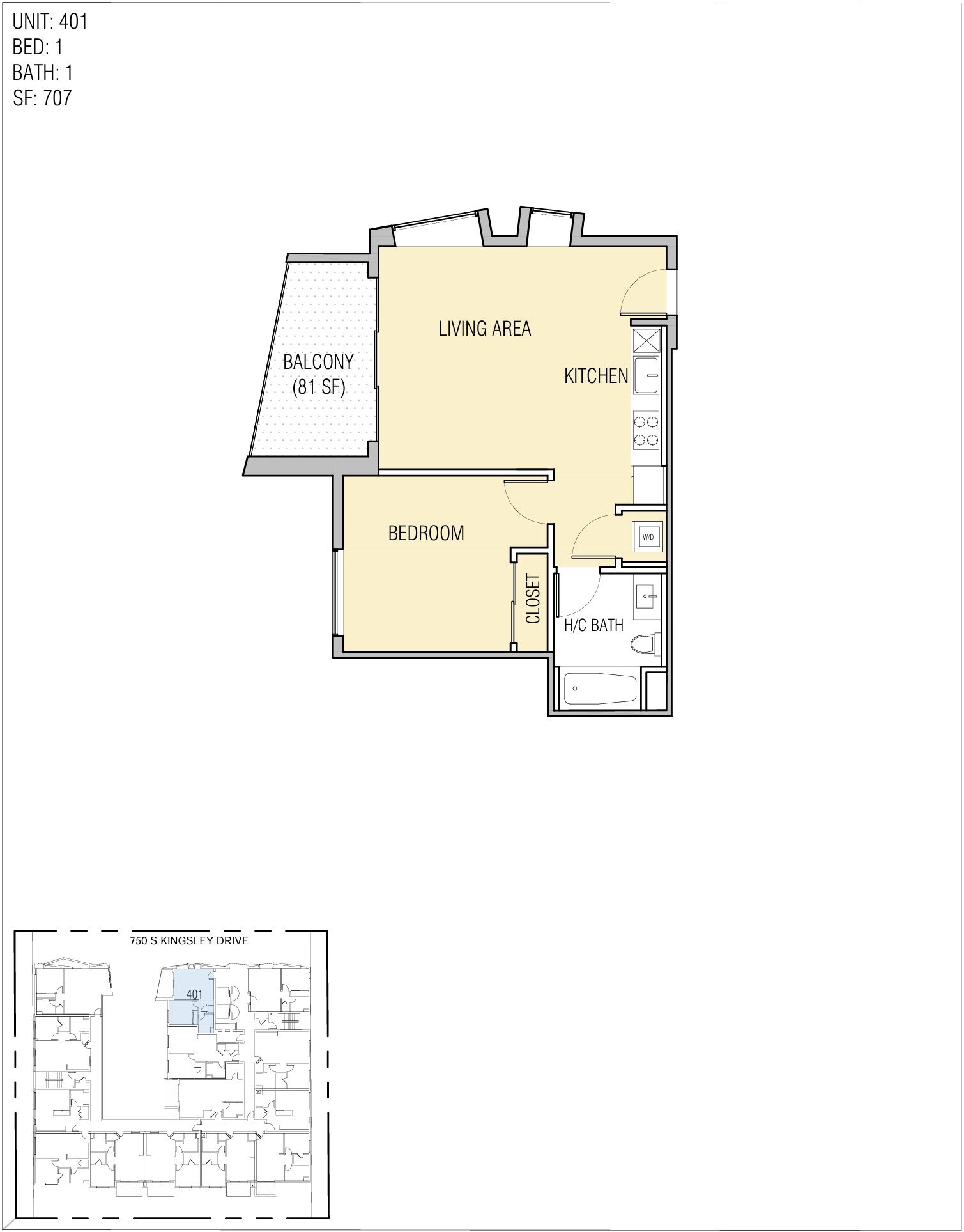Floor plan of a small apartment: living area, kitchen, bedroom, balcony, and building layout.