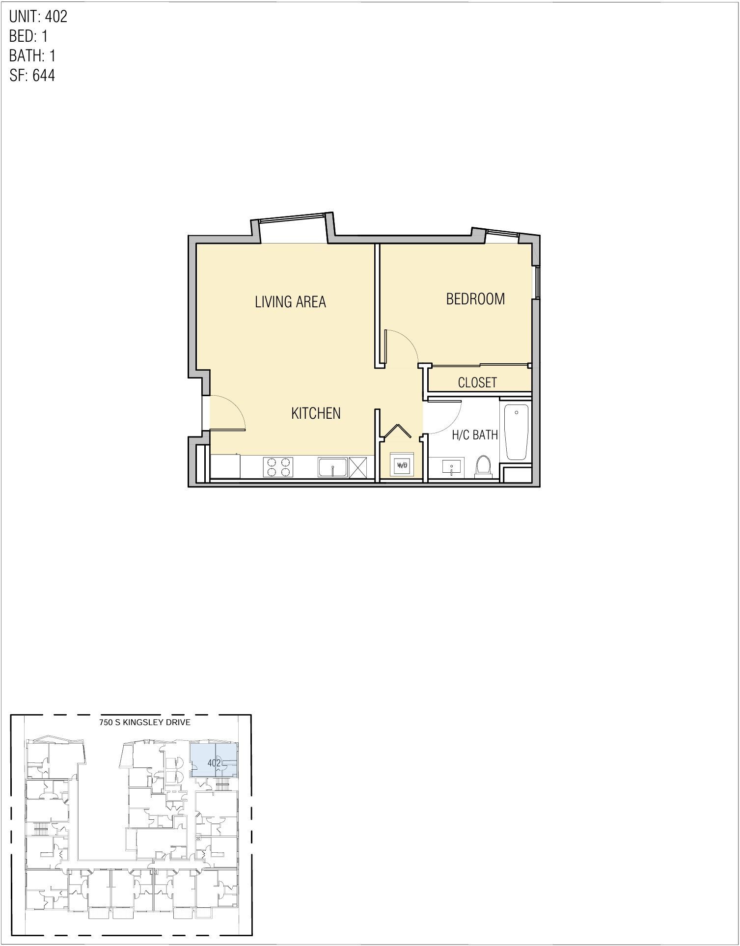 Floor plan of a one-bedroom apartment with a living area, kitchen, bedroom, closet, and bathroom.