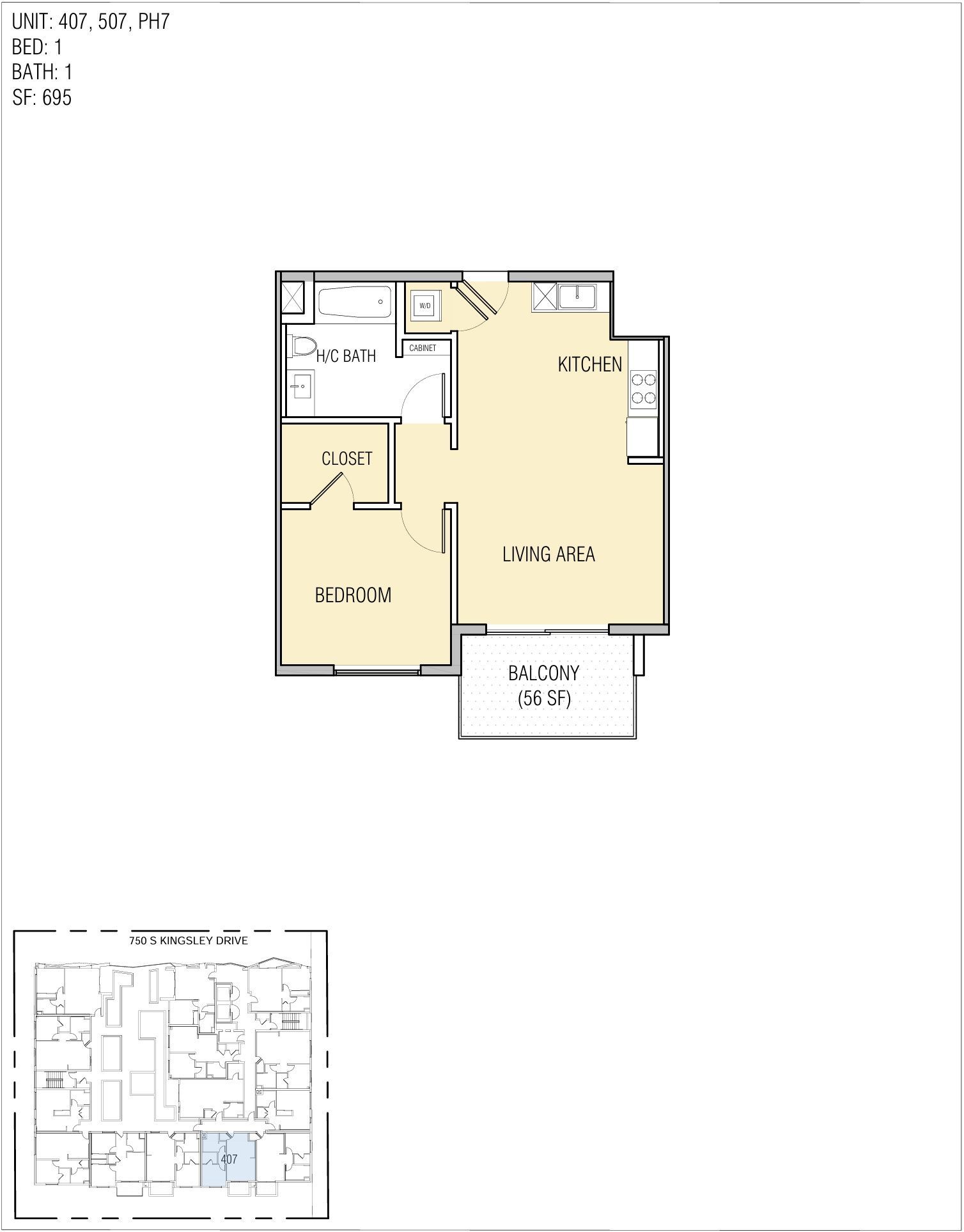 Floor plan of a small apartment: living area, kitchen, bathroom, closet, and balcony.