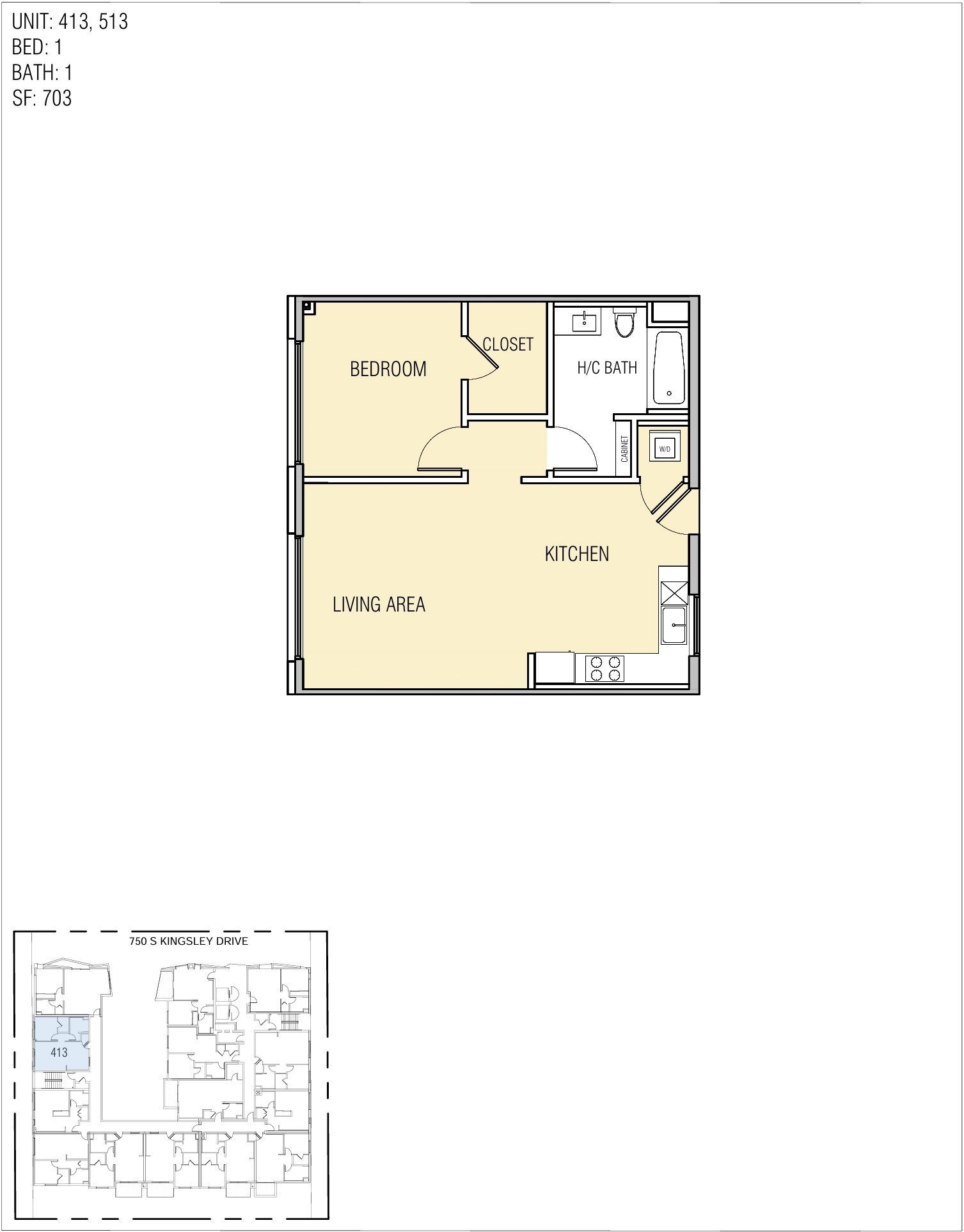 Floor plan of a one-bedroom apartment with a kitchen, bathroom, and closet.