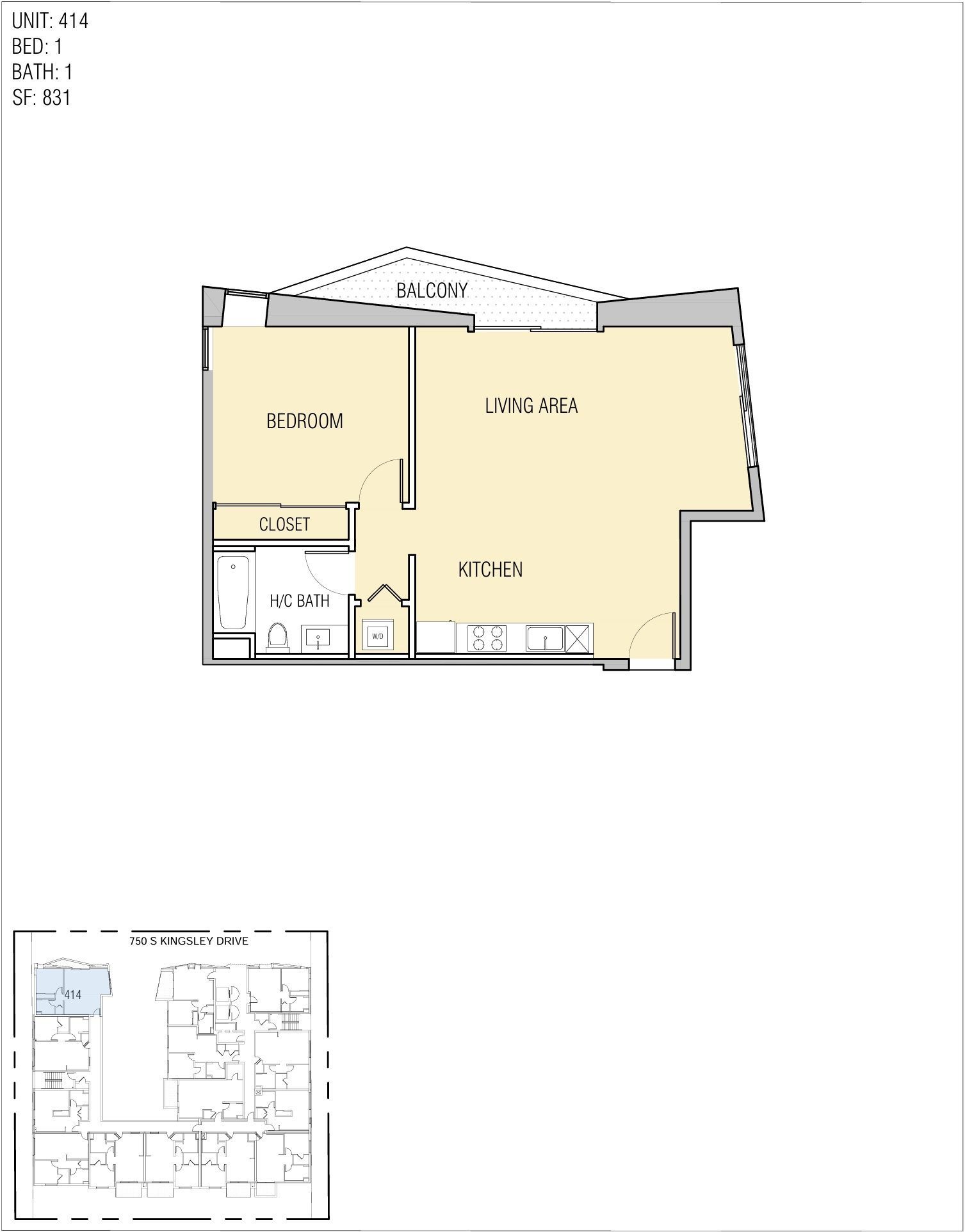 Floor plan of an apartment with a bedroom, living room, kitchen, bathroom, and closet.