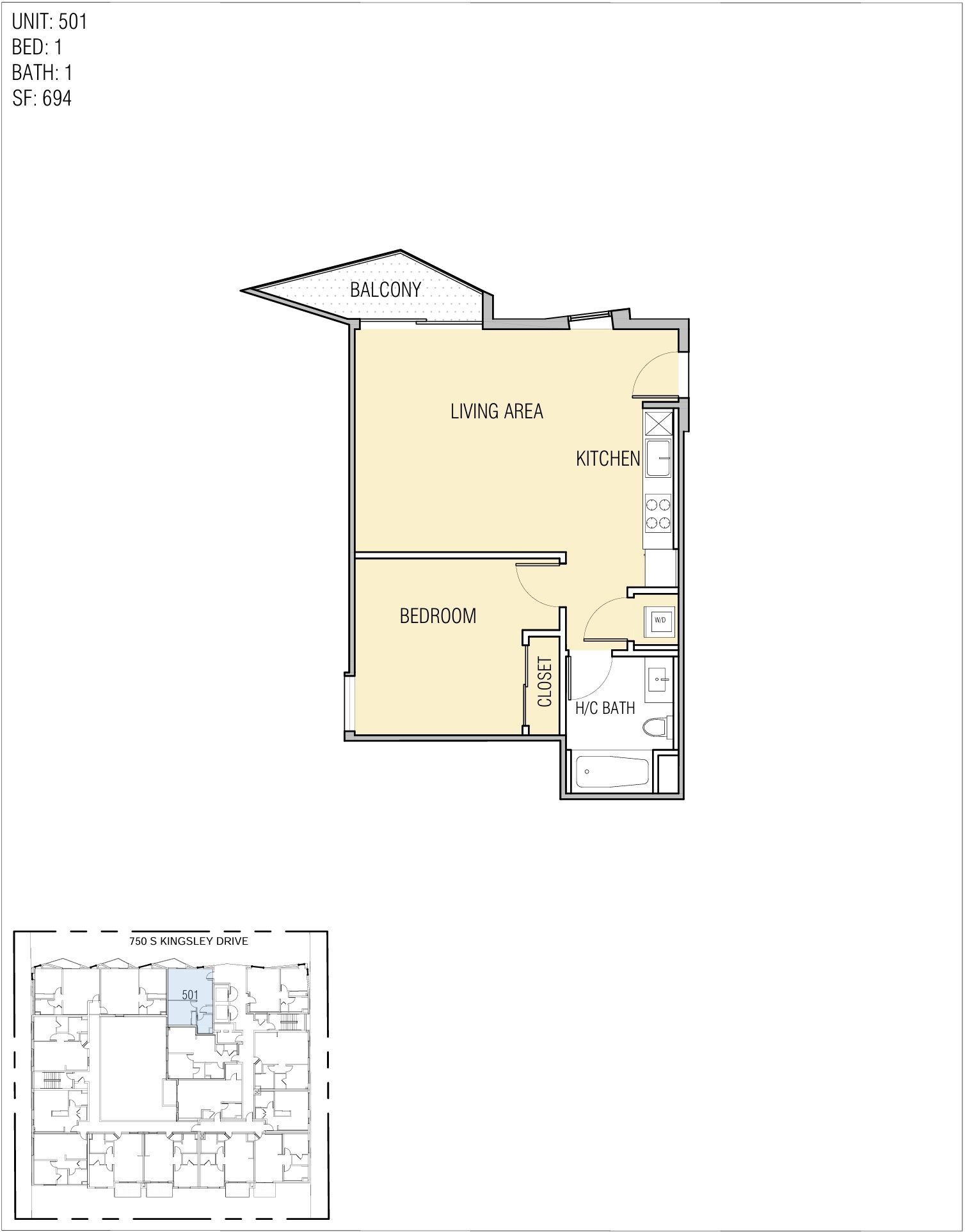 Floor plan: Studio apartment with living area, kitchen, bathroom, and bedroom, plus balcony.