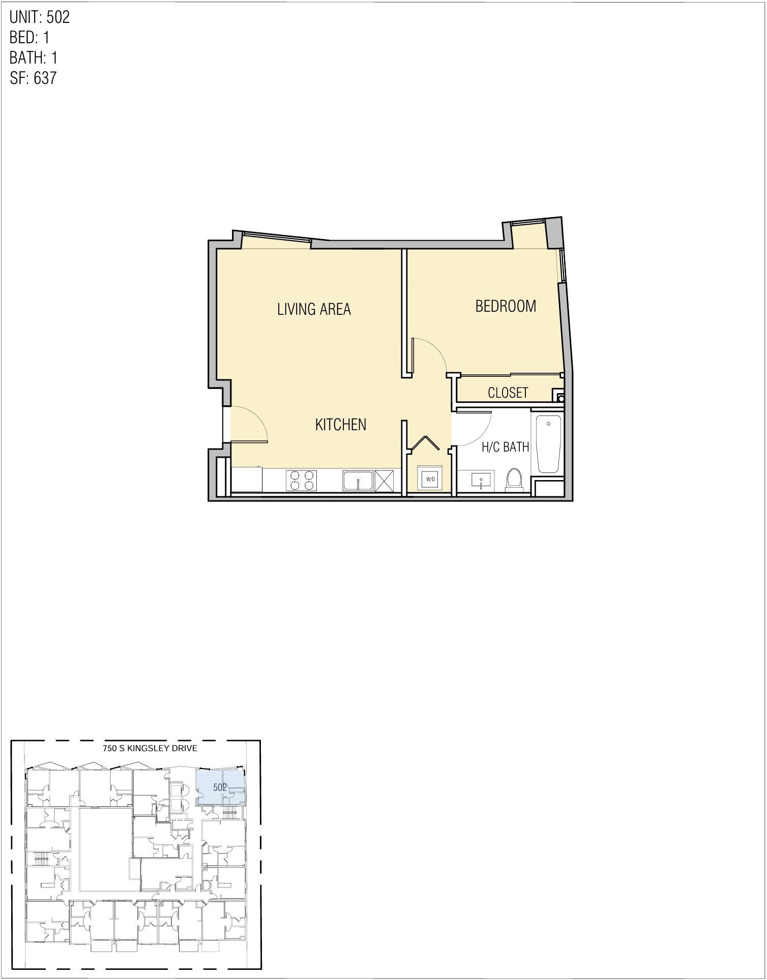 Floor plan with two bedrooms, bathroom, kitchen, and living area.