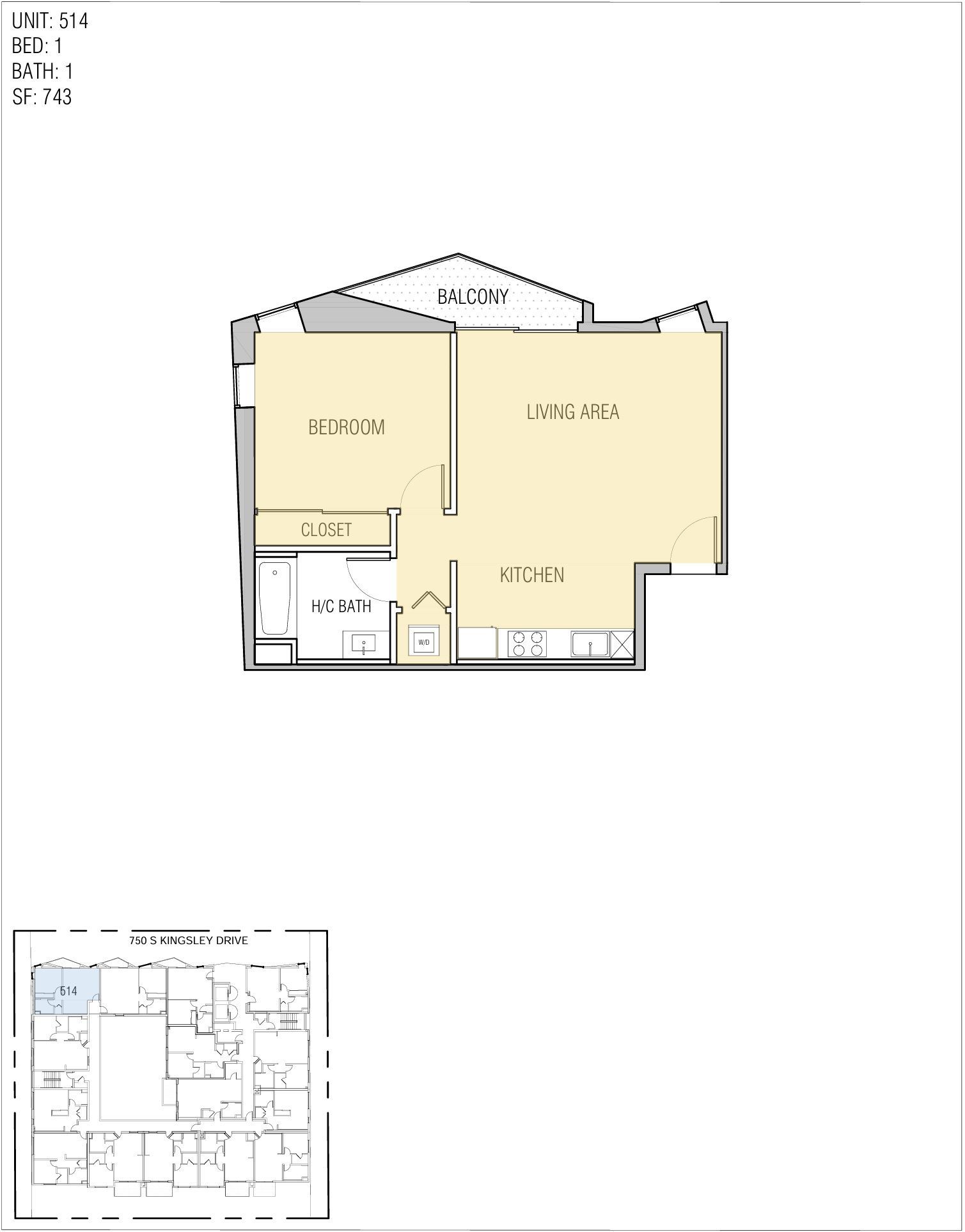 Floor plan of an apartment unit with bedroom, living/dining area, kitchen, and bathroom; gray and light beige.