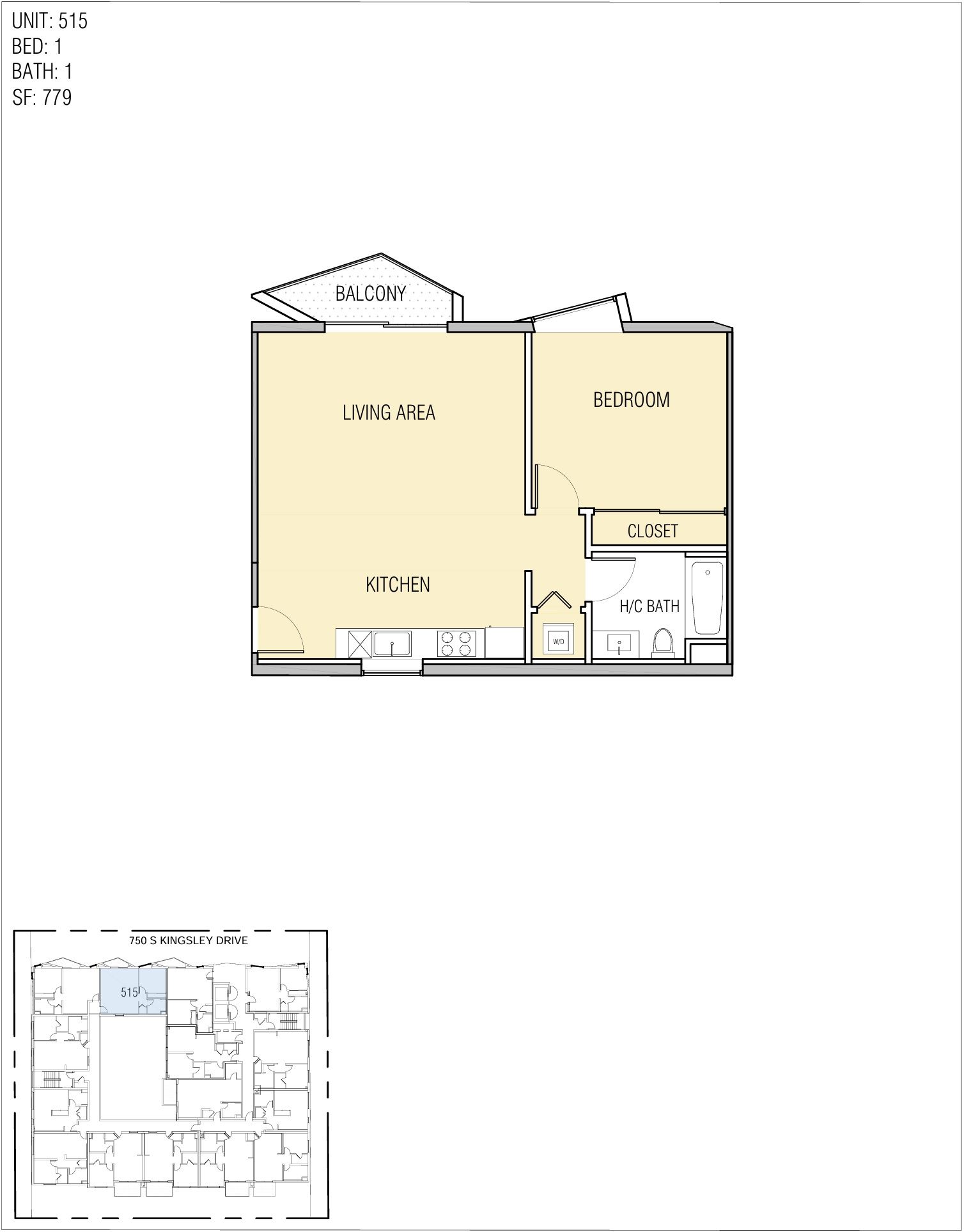 Floor plan of an apartment with a kitchen, living area, bedroom, and bathroom.