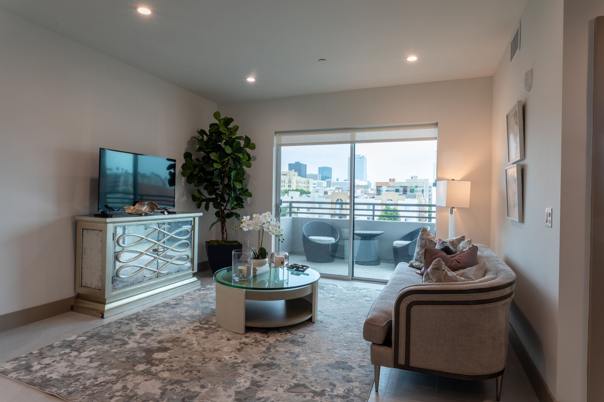 Living room with a balcony, furniture, television, and potted plants.