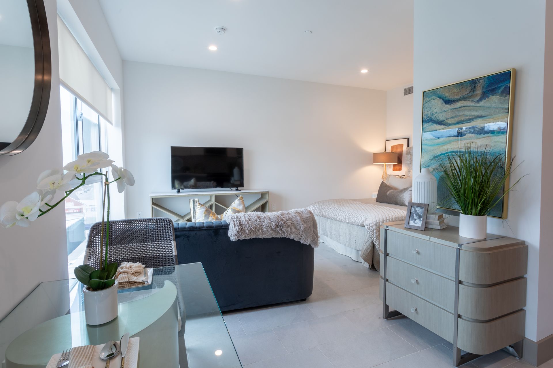 Modern studio apartment interior with furniture, artwork, and potted plants. Bright and airy.