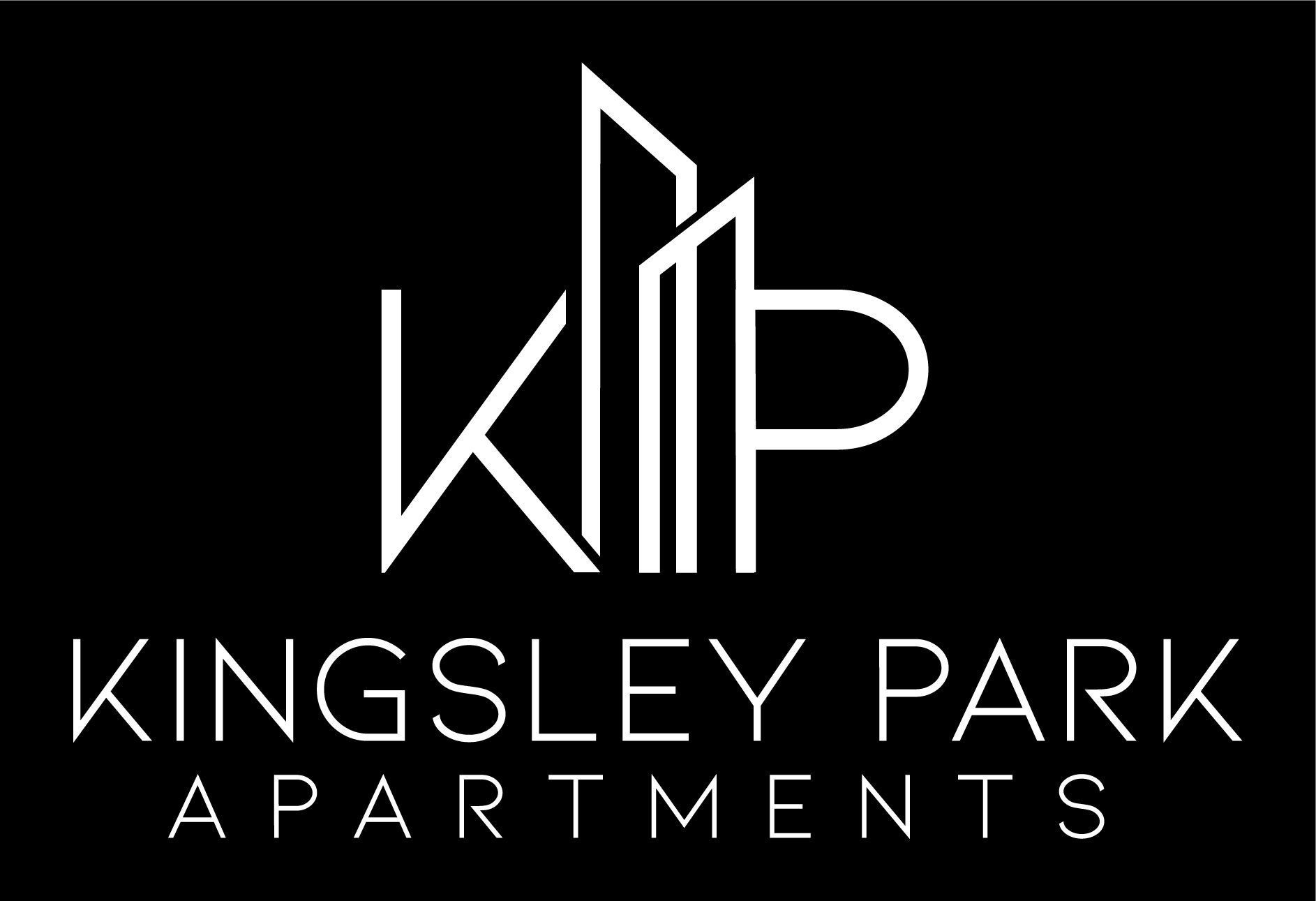 Kingsley Park Apartments logo: white stylized "K", building icon, "P" on black background. Text: "KINGSLEY PARK APARTMENTS".