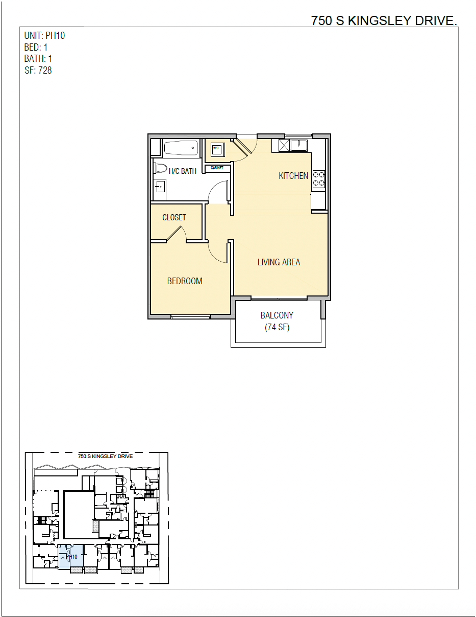 Floor plan layout of a unit with a living area, bedroom, bathroom, and kitchen.