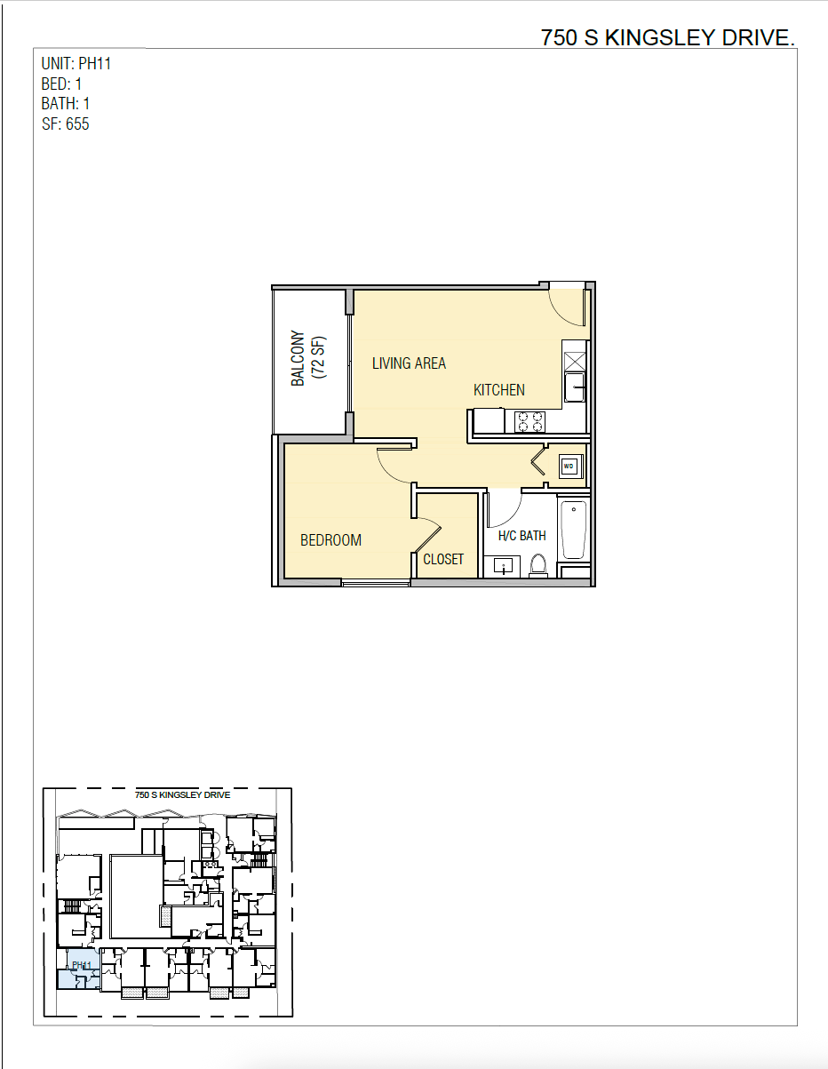 Floor plan of a unit at 730 S. Kingsley Drive, featuring a bedroom, living area, kitchen, and bathroom.