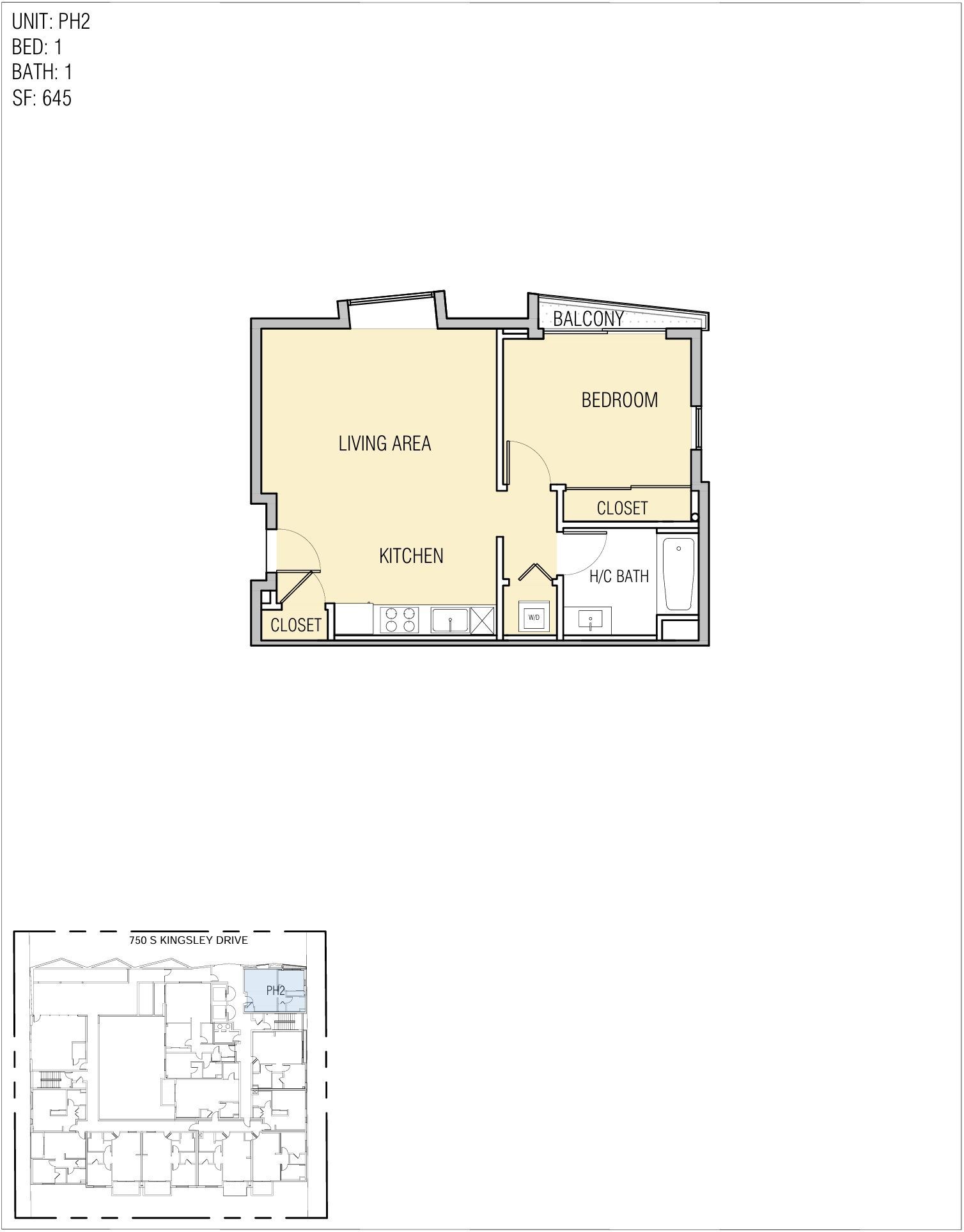 Floor plan of an apartment with a living area, kitchen, bedroom, closet, and bathroom.