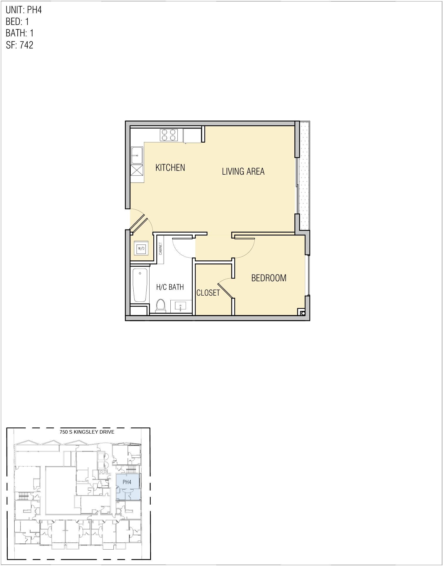 Floor plan of a small apartment: kitchen, living area, bedroom, and closet.