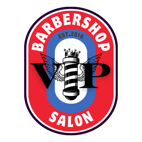 Logo for VIP Barbershop Salon with a barber pole, wings, and text on a red, white, and blue oval.