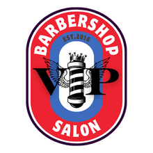 Logo for VIP Barbershop Salon with a barber pole, wings, and text on a red, white, and blue oval.