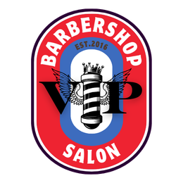 Logo for VIP Barbershop Salon with a barber pole, wings, and text on a red, white, and blue oval.