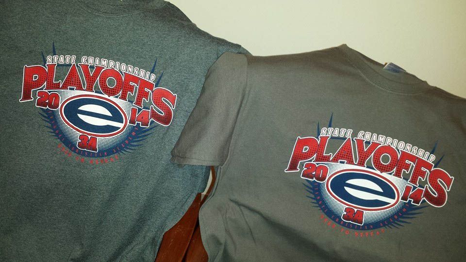 Two gray shirts with the word playoffs on them
