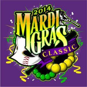 A mardi gras classic logo on a purple background