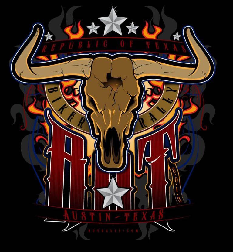 An illustration of a bull skull with the words republic of texas on it