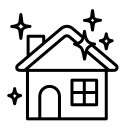 A black and white icon of a house with stars on the roof.