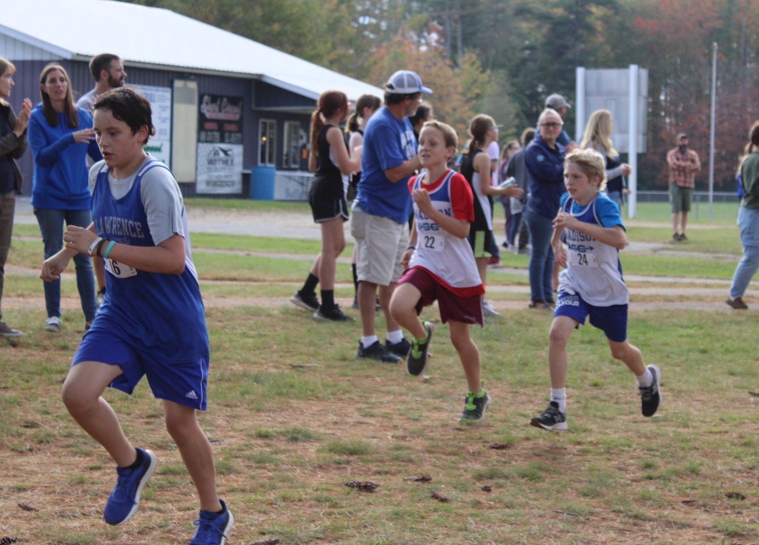 A group of young boys are running in a cross country race