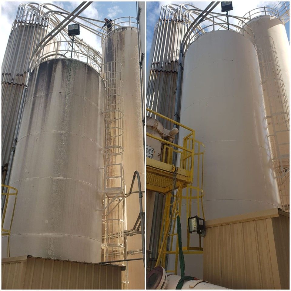 a before and after photo of a large silo in a factory .