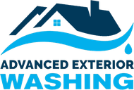 a logo for advanced exterior washing with a house on top of a wave .