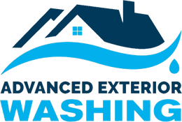a logo for advanced exterior washing with a house on top of a wave .