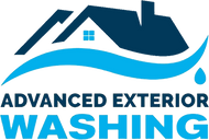 a logo for advanced exterior washing with a house on top of a wave .