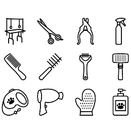 A set of dog grooming icons on a white background.