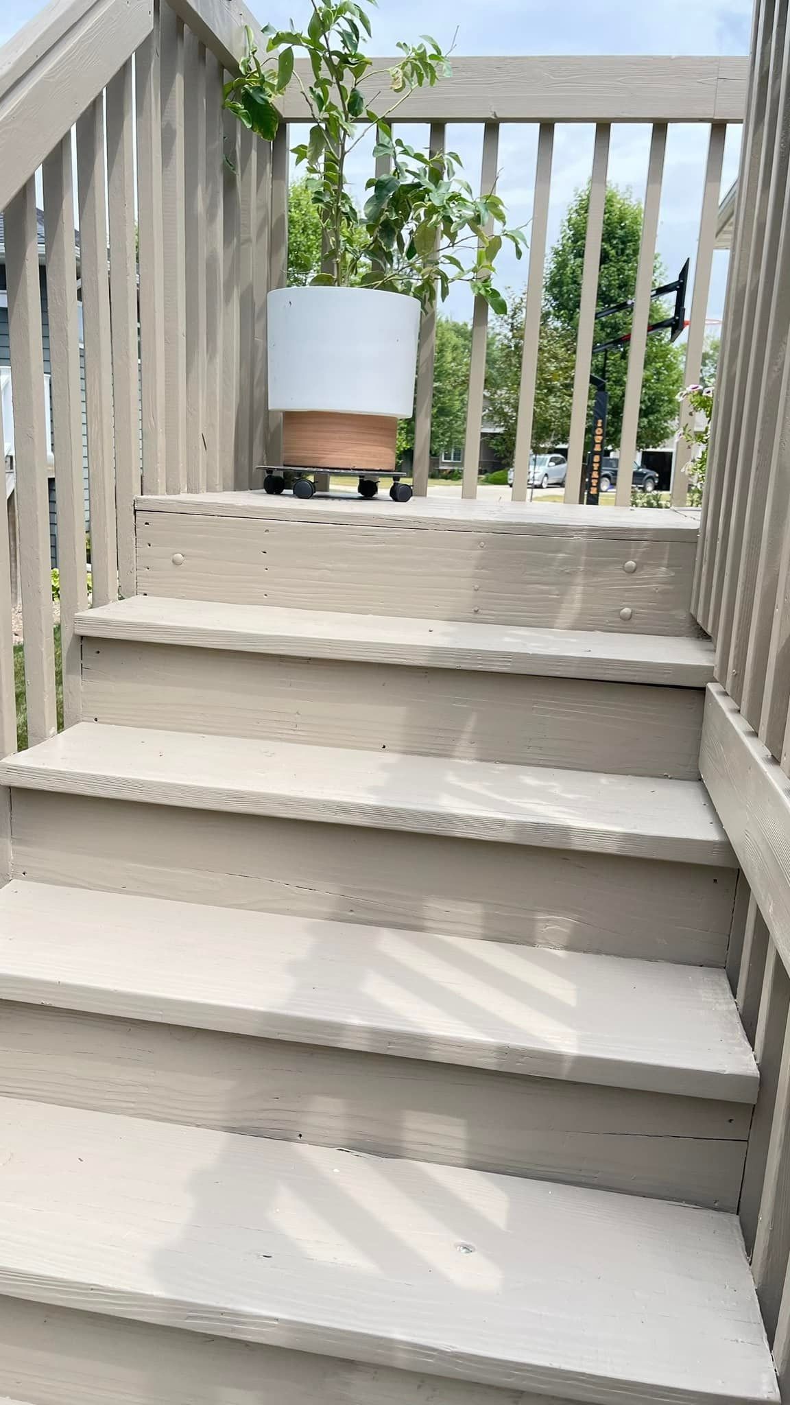 Wooden outdoor staircase with potted plant at the top. Gray steps lead to a light-colored planter.