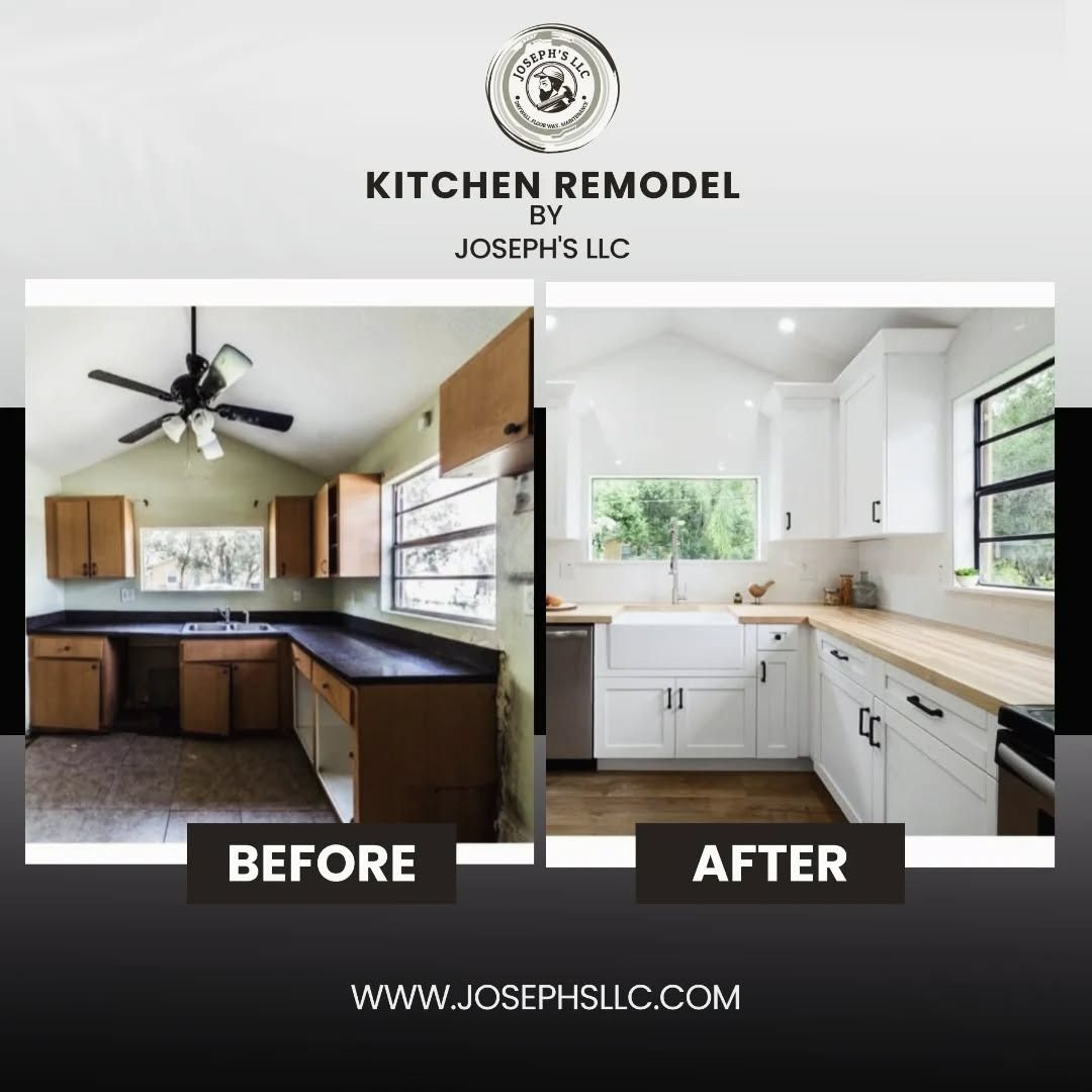 Kitchen remodel before and after photos. Old brown kitchen transformed to white with wood countertops.