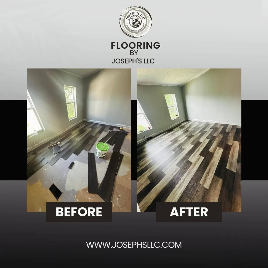 Before and after photos of a room flooring renovation, showcasing a change from old flooring to new multi-tone planks.