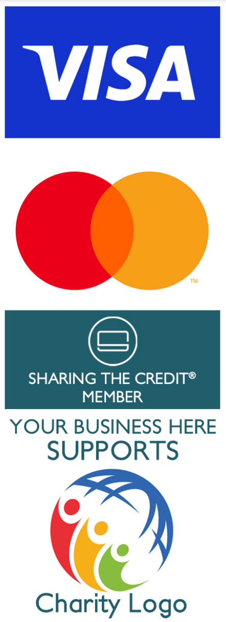 A visa , mastercard , and charity logo on a white background