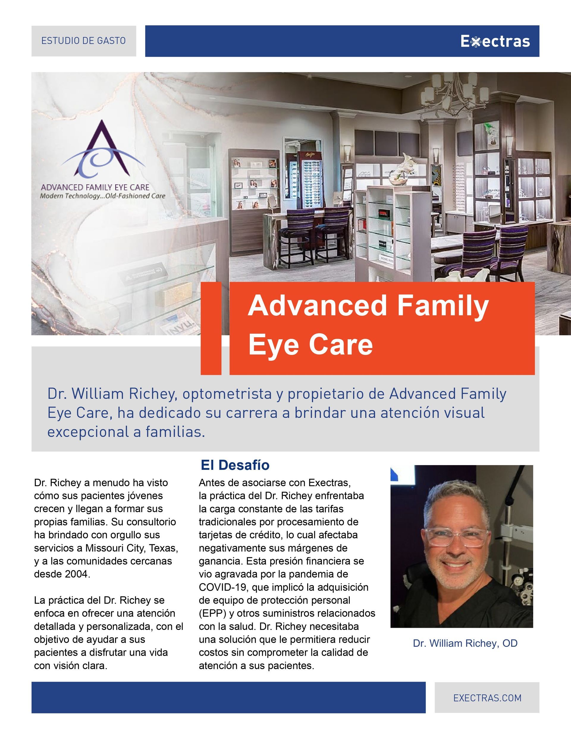 An advertisement for advanced family eye care shows a man wearing glasses