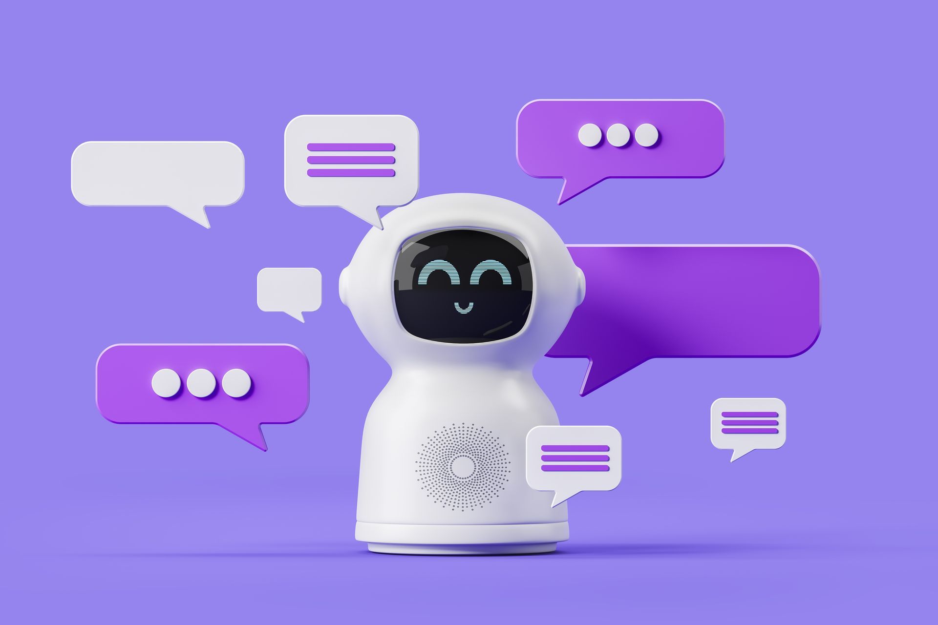 a white robot with speech bubbles around it on a purple background .