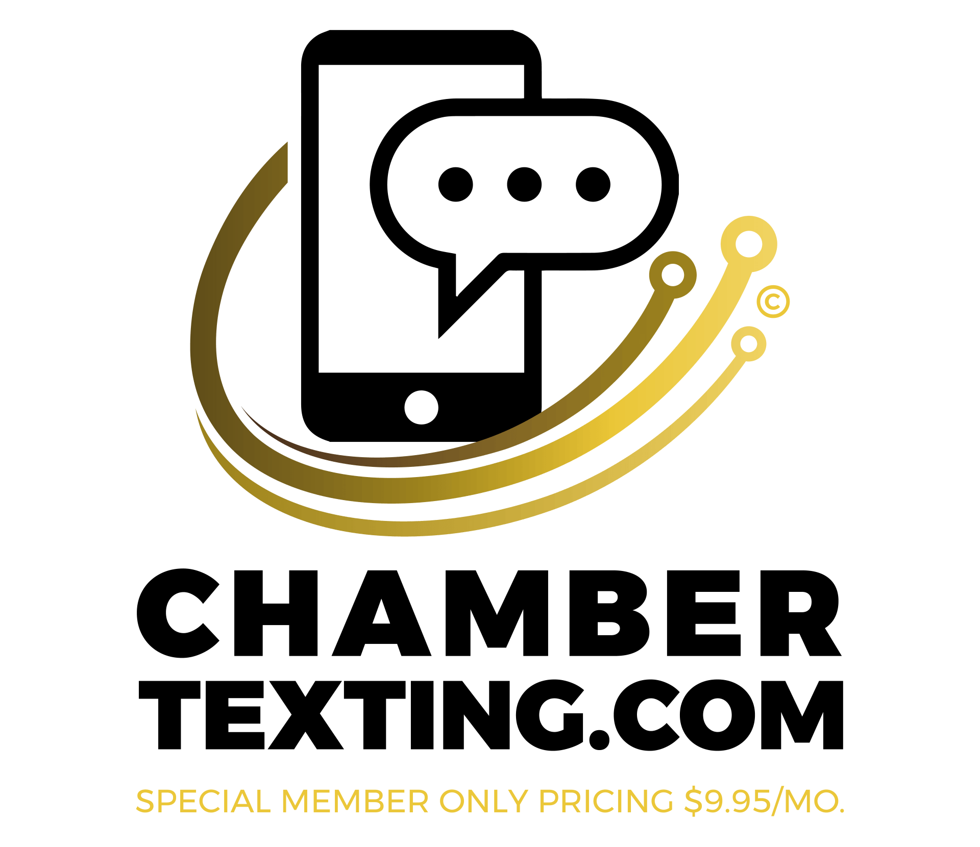 A logo for chamber texting.com with a cell phone and a speech bubble.