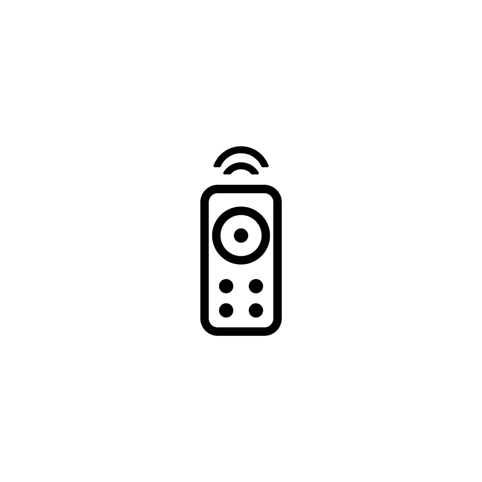 A black and white icon of a remote control on a white background.