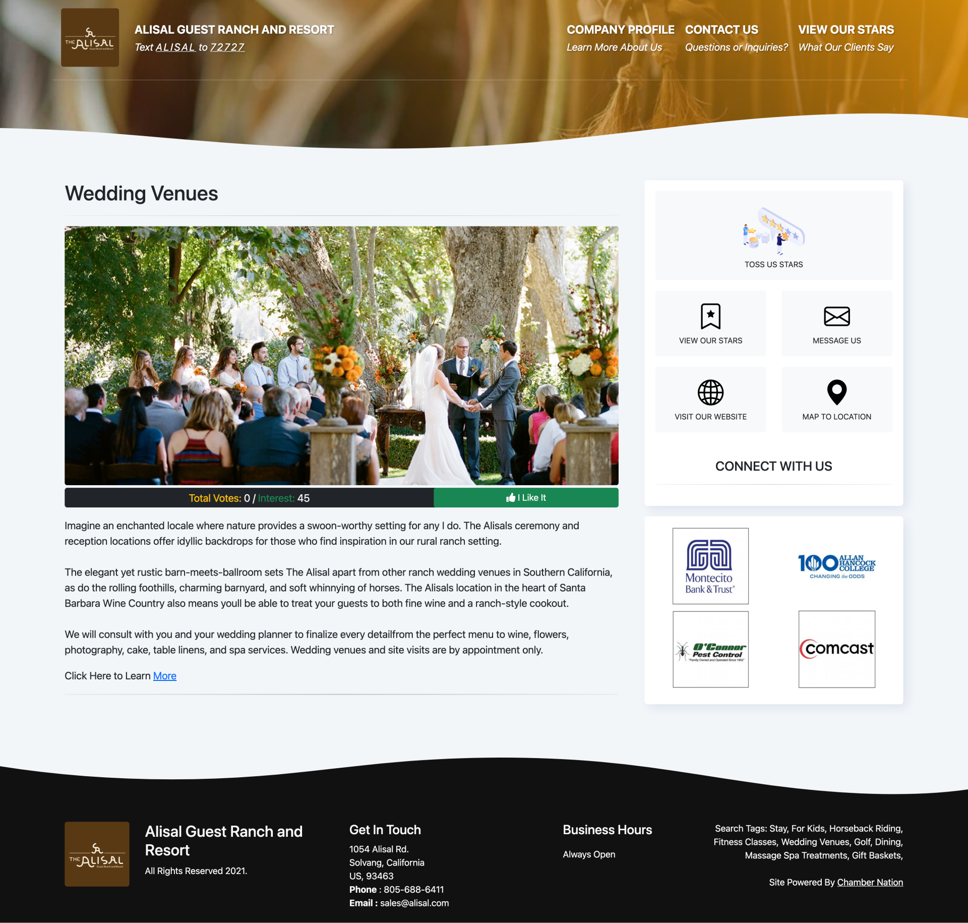A website for wedding venues has a picture of a bride and groom
