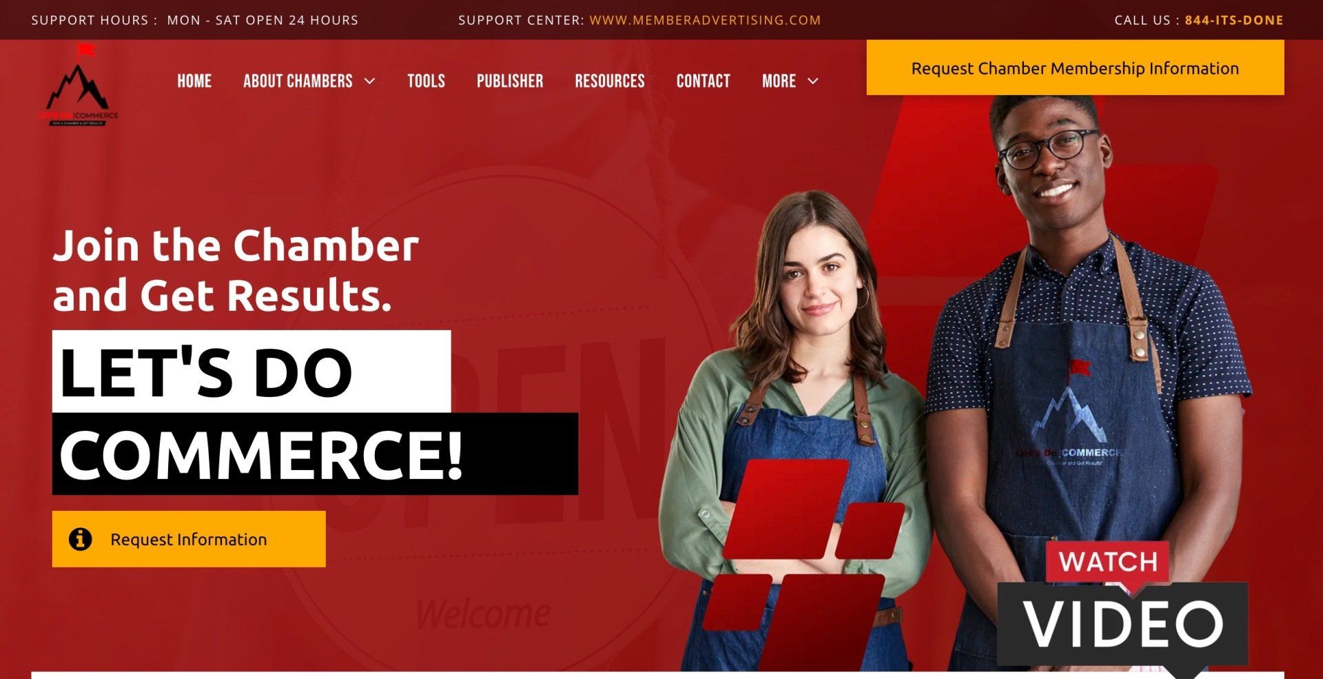 A man and a woman are standing next to each other on a red background.