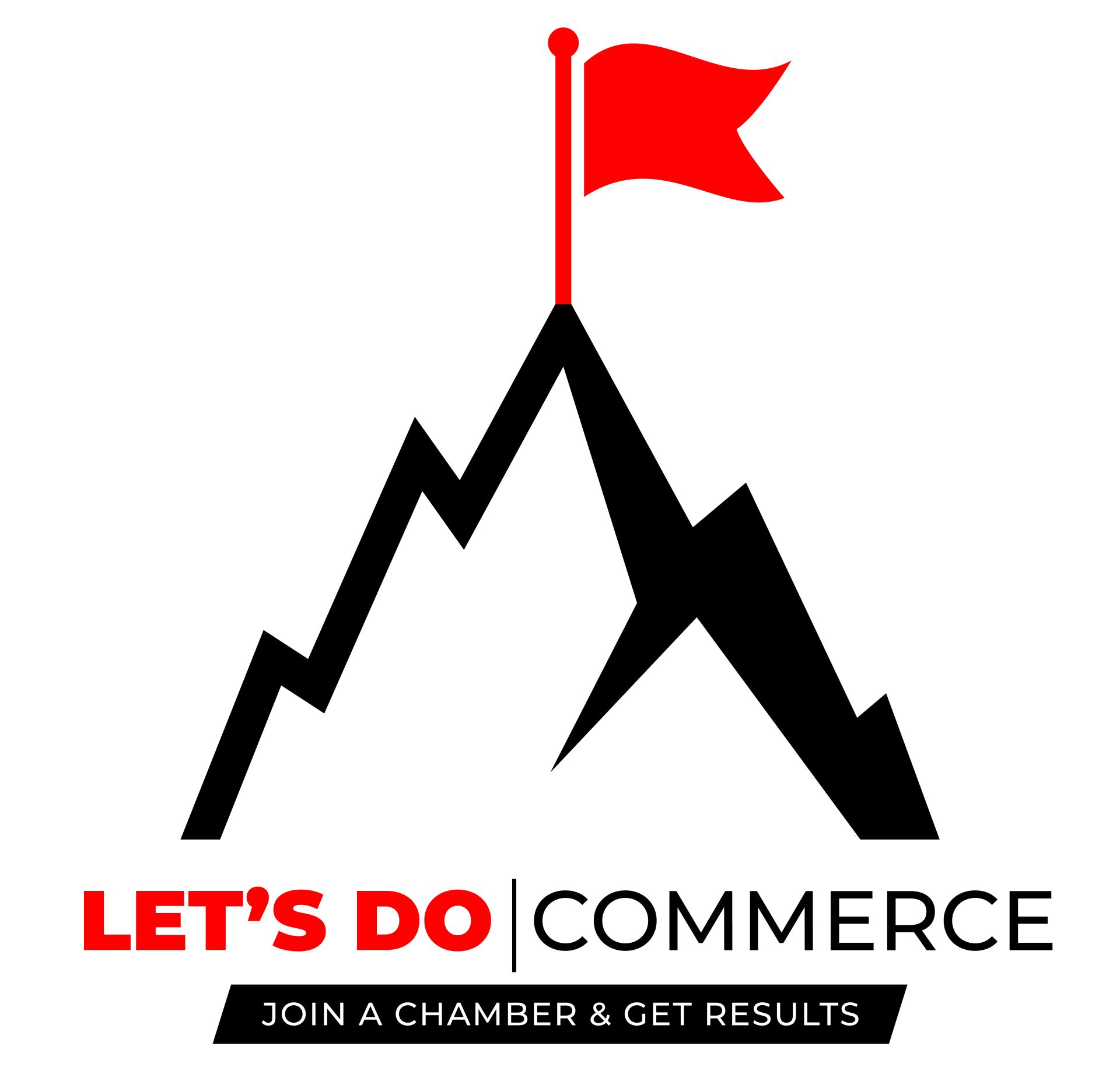 The logo for let 's do commerce is a mountain with a flag on top of it.