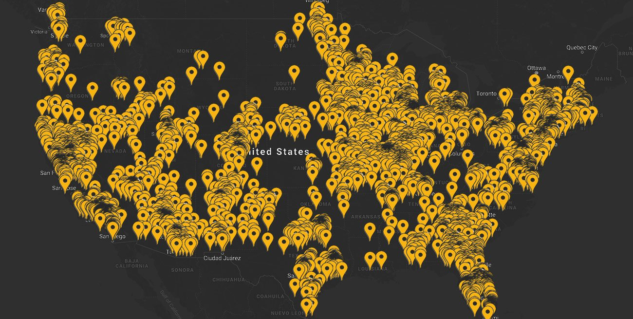 A map of the united states with yellow pins on it