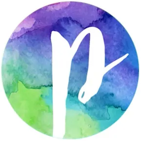 The letter p is in a circle with a watercolor background.