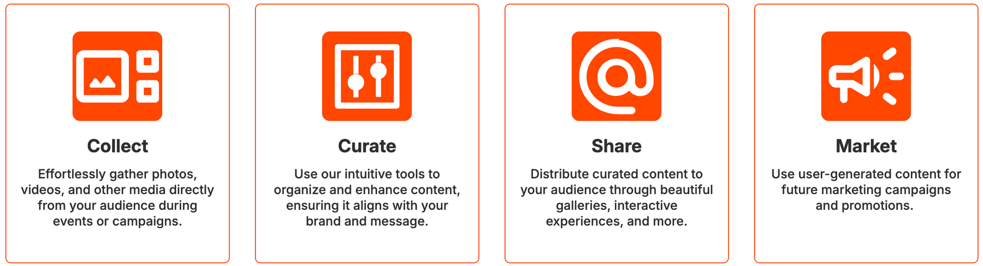 A row of four cards with orange icons on them