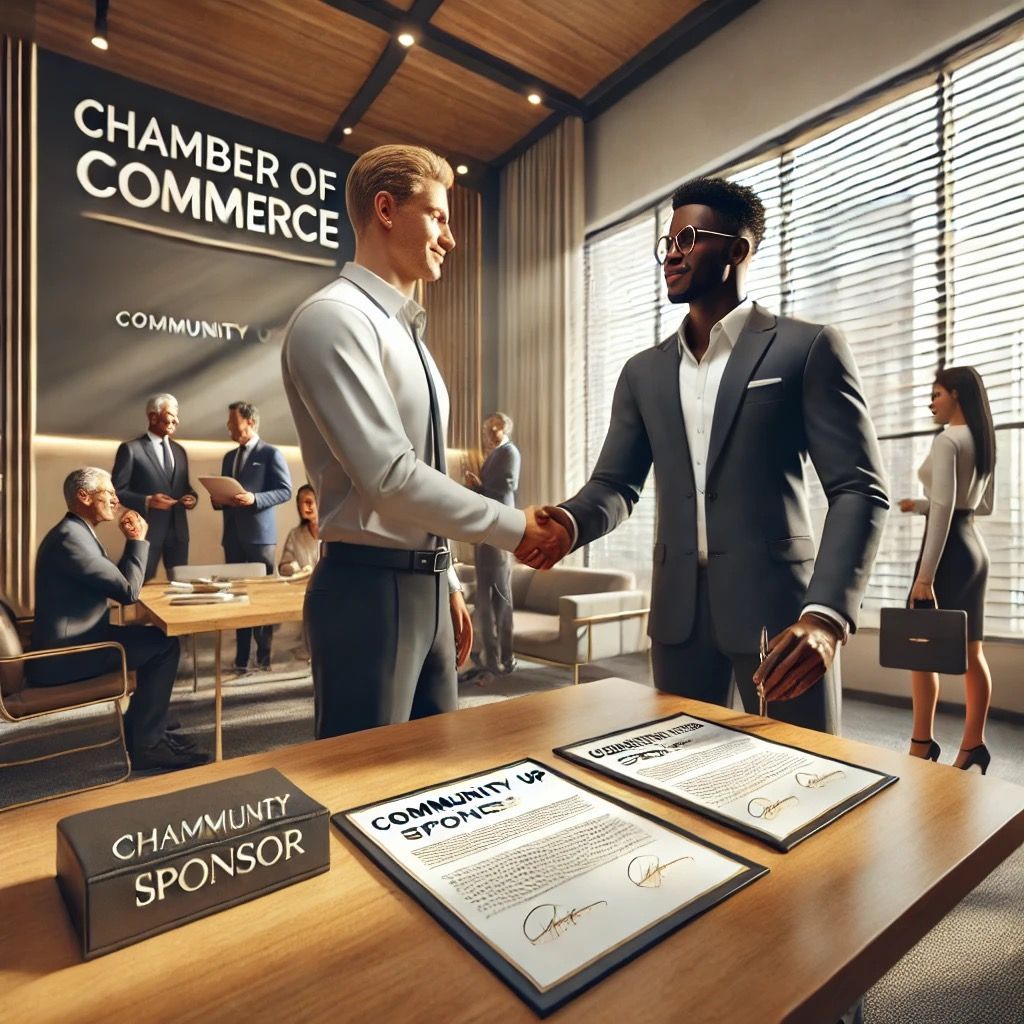 Two men shaking hands in front of a sign that says chamber of commerce