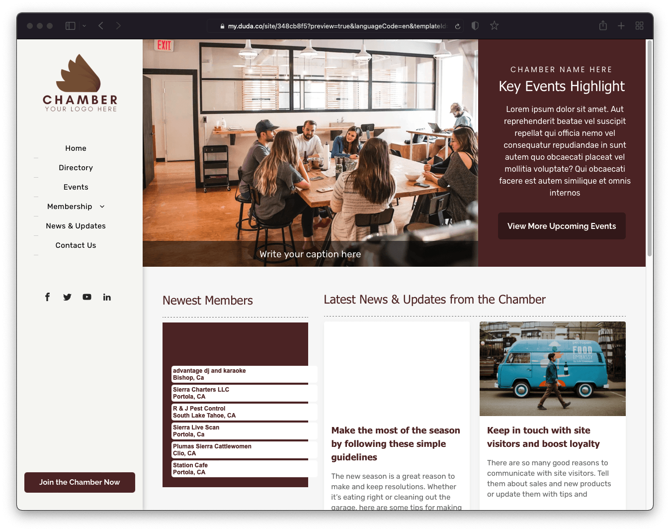 A computer screen shows a website for the chamber of commerce.